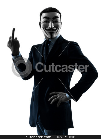 To use this stock image in your creative project, please select the size you need over to the right and click the "Add to Cart" button.
Your downloaded image will come with the Cutcaster watermark removed so don’t worry about the watermark you see on this page. man masked anonymous group pointing finger silhouette portrait stock photo, PARISâ OCTOBER 30 : one man dressed and masked as a member of Anonymous underground group on October 30, 2012 in Paris ,France by Ishadow