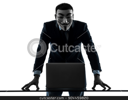 To use this stock image in your creative project, please select the size you need over to the right and click the "Add to Cart" button.
Your downloaded image will come with the Cutcaster watermark removed so don’t worry about the watermark you see on this page. man masked anonymous group member computing computer silhouette stock photo, Paris, France - October 30, 2012 : one man dressed and masked as a member of Anonymous underground group member computing computer on October 30, 2012 in Paris ,France by Ishadow