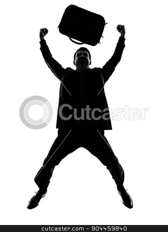 To use this stock image in your creative project, please select the size you need over to the right and click the "Add to Cart" button.
Your downloaded image will come with the Cutcaster watermark removed so don’t worry about the watermark you see on this page. business man happy joyful jumping silhouette stock photo, one caucasian business man happy joyful jumping in silhouette on white background by Ishadow