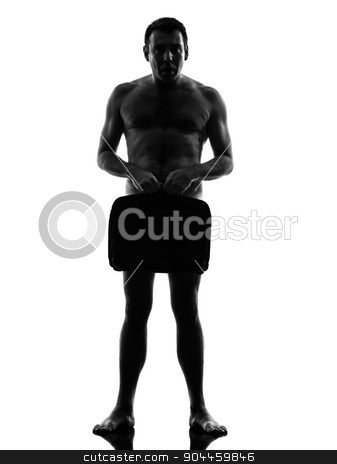 To use this stock image in your creative project, please select the size you need over to the right and click the "Add to Cart" button.
Your downloaded image will come with the Cutcaster watermark removed so don’t worry about the watermark you see on this page. business man naked with briefcase silhouette stock photo, one caucasian business business man naked with briefcase in silhouette on white background by Ishadow