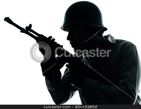 To use this stock image in your creative project, please select the size you need over to the right and click the "Add to Cart" button.
Your downloaded image will come with the Cutcaster watermark removed so don’t worry about the watermark you see on this page. army soldier man portrait silhouette stock photo, one army soldier man portrait on guard on studio isolated on white background by Ishadow