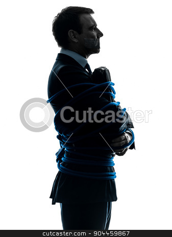 To use this stock image in your creative project, please select the size you need over to the right and click the "Add to Cart" button.
Your downloaded image will come with the Cutcaster watermark removed so don’t worry about the watermark you see on this page. business man tied up prisoner silhouette stock photo, one business man tied up prisoner in silhouette studio isolated on white background by Ishadow