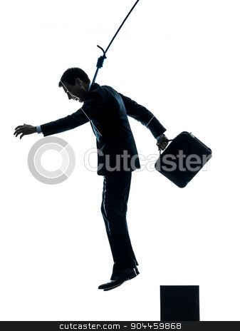 To use this stock image in your creative project, please select the size you need over to the right and click the "Add to Cart" button.
Your downloaded image will come with the Cutcaster watermark removed so don’t worry about the watermark you see on this page. business man suicidal hanging silhouette stock photo, one man business man suicidal hanging in silhouette studio isolated on white background by Ishadow