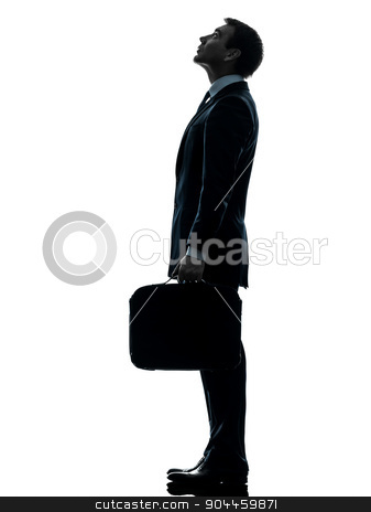 To use this stock image in your creative project, please select the size you need over to the right and click the "Add to Cart" button.
Your downloaded image will come with the Cutcaster watermark removed so don’t worry about the watermark you see on this page. business man standing looking up silhouette stock photo, one businessman standing looking up profile in silhouette studio isolated on white background by Ishadow