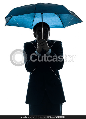 To use this stock image in your creative project, please select the size you need over to the right and click the "Add to Cart" button.
Your downloaded image will come with the Cutcaster watermark removed so don’t worry about the watermark you see on this page. anxious business man under umbrella silhouette stock photo, one anxious business man under umbrella in silhouette studio isolated on white background by Ishadow