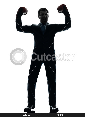 To use this stock image in your creative project, please select the size you need over to the right and click the "Add to Cart" button.
Your downloaded image will come with the Cutcaster watermark removed so don’t worry about the watermark you see on this page. business man with boxing gloves silhouette stock photo, one businessman with boxing gloves in silhouette studio isolated on white background by Ishadow