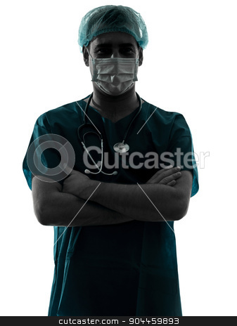 To use this stock image in your creative project, please select the size you need over to the right and click the "Add to Cart" button.
Your downloaded image will come with the Cutcaster watermark removed so don’t worry about the watermark you see on this page. doctor surgeon man portrait with face mask arms crossed silhouet stock photo, one doctor surgeon man portrait with face mask medical worker arms crossed silhouette isolated on white background by Ishadow