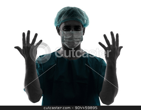 To use this stock image in your creative project, please select the size you need over to the right and click the "Add to Cart" button.
Your downloaded image will come with the Cutcaster watermark removed so don’t worry about the watermark you see on this page. doctor surgeon man portrait with face mask showing hands silhoue stock photo, one doctor surgeon man showing hands portrait with face mask medical worker silhouette isolated on white background by Ishadow