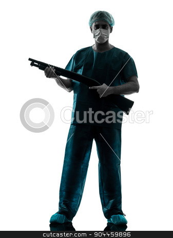 To use this stock image in your creative project, please select the size you need over to the right and click the "Add to Cart" button.
Your downloaded image will come with the Cutcaster watermark removed so don’t worry about the watermark you see on this page. doctor surgeon man with face mask holding shotgun silhouette stock photo, one man doctor surgeon medical worker with face mask silhouette isolated on white background by Ishadow