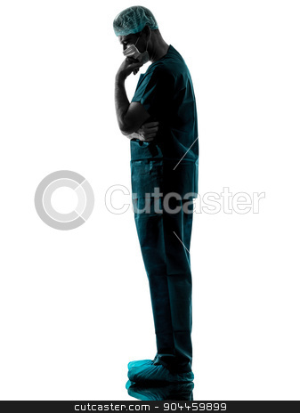 To use this stock image in your creative project, please select the size you need over to the right and click the "Add to Cart" button.
Your downloaded image will come with the Cutcaster watermark removed so don’t worry about the watermark you see on this page. doctor surgeon man thinking with face mask full length silhouett stock photo, one man doctor surgeon thinking medical worker with face mask full length silhouette isolated on white background by Ishadow