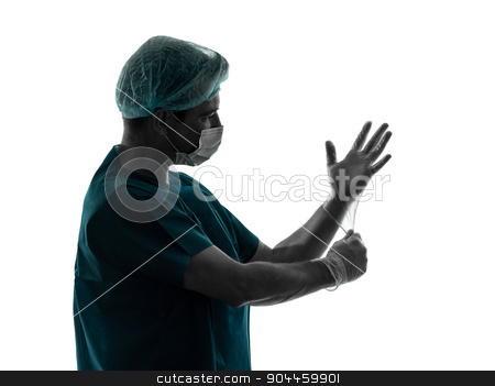 To use this stock image in your creative project, please select the size you need over to the right and click the "Add to Cart" button.
Your downloaded image will come with the Cutcaster watermark removed so don’t worry about the watermark you see on this page. doctor surgeon man portrait with face mask latex gloves silhouet stock photo, one doctor surgeon man latex gloves portrait with face mask medical worker silhouette isolated on white background by Ishadow