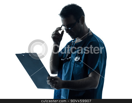 To use this stock image in your creative project, please select the size you need over to the right and click the "Add to Cart" button.
Your downloaded image will come with the Cutcaster watermark removed so don’t worry about the watermark you see on this page. doctor man medical exam silhouette stock photo, one man doctor surgeon medical worker silhouette isolated on white background by Ishadow
