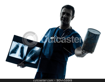 To use this stock image in your creative project, please select the size you need over to the right and click the "Add to Cart" button.
Your downloaded image will come with the Cutcaster watermark removed so don’t worry about the watermark you see on this page. doctor surgeon radiologist holding a money box silhouette stock photo, one man doctor surgeon radiologist medical worker holding a money box silhouette isolated on white background by Ishadow