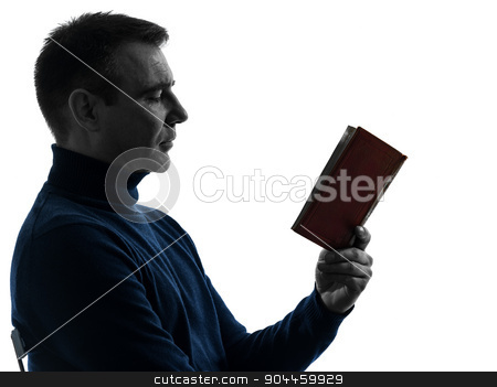 To use this stock image in your creative project, please select the size you need over to the right and click the "Add to Cart" button.
Your downloaded image will come with the Cutcaster watermark removed so don’t worry about the watermark you see on this page. man reading book silhouette portrait stock photo, one man reading book portrait in silhouette studio isolated on white background by Ishadow