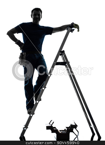To use this stock image in your creative project, please select the size you need over to the right and click the "Add to Cart" button.
Your downloaded image will come with the Cutcaster watermark removed so don’t worry about the watermark you see on this page. manual worker man silhouette stock photo, one manual worker man standing on ladder in silhouette on white background by Ishadow