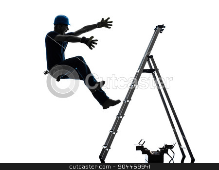 To use this stock image in your creative project, please select the size you need over to the right and click the "Add to Cart" button.
Your downloaded image will come with the Cutcaster watermark removed so don’t worry about the watermark you see on this page. manual worker man falling from ladder silhouette stock photo, one manual worker man falling from ladder in silhouette on white background by Ishadow