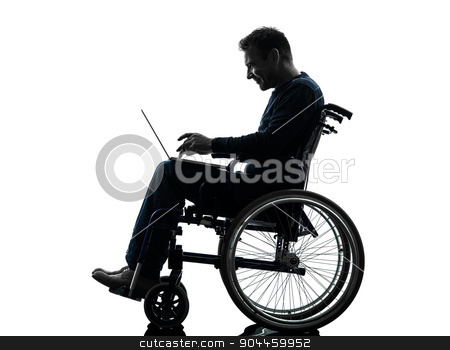 To use this stock image in your creative project, please select the size you need over to the right and click the "Add to Cart" button.
Your downloaded image will come with the Cutcaster watermark removed so don’t worry about the watermark you see on this page. handicapped man computing laptop computer in wheelchair silhoue stock photo, one handicapped man computing laptop computer in silhouette studio on white background by Ishadow