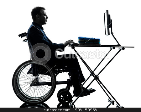 To use this stock image in your creative project, please select the size you need over to the right and click the "Add to Cart" button.
Your downloaded image will come with the Cutcaster watermark removed so don’t worry about the watermark you see on this page. handicapped business man computing laptop computer in wheelchai stock photo, one handicapped business man computing laptop computer in silhouette studio on white background by Ishadow