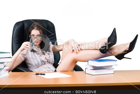 To use this stock image in your creative project, please select the size you need over to the right and click the "Add to Cart" button.
Your downloaded image will come with the Cutcaster watermark removed so don’t worry about the watermark you see on this page. Young businesswoman relax stock photo, Young lady - chief sitting on chair in office by Aikon