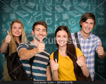 To use this stock image in your creative project, please select the size you need over to the right and click the "Add to Cart" button.
Your downloaded image will come with the Cutcaster watermark removed so don’t worry about the watermark you see on this page. Composite image of happy students gesturing thumbs up at college stock photo, Happy students gesturing thumbs up at college corridor against green chalkboard by Wavebreak Media