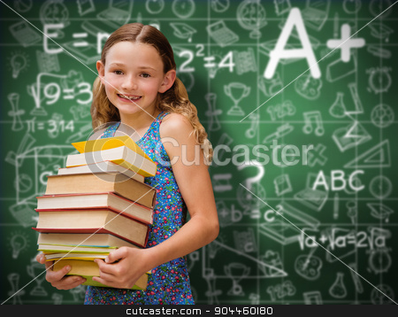 To use this stock image in your creative project, please select the size you need over to the right and click the "Add to Cart" button.
Your downloaded image will come with the Cutcaster watermark removed so don’t worry about the watermark you see on this page. Composite image of cute little girl carrying books in library stock photo, Cute little girl carrying books in library against green chalkboard by Wavebreak Media