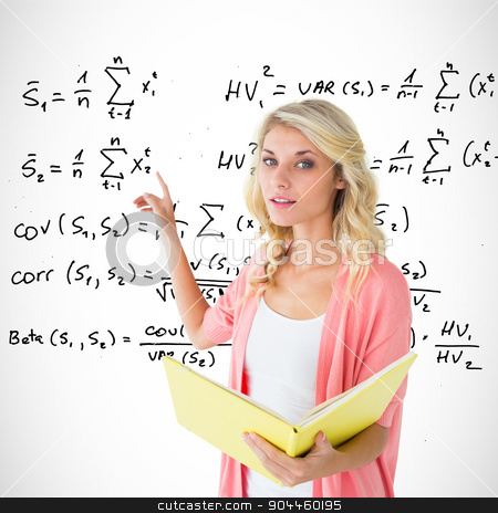 To use this stock image in your creative project, please select the size you need over to the right and click the "Add to Cart" button.
Your downloaded image will come with the Cutcaster watermark removed so don’t worry about the watermark you see on this page. Composite image of young pretty student pointing and reading stock photo, Young pretty student pointing and reading against maths equations by Wavebreak Media