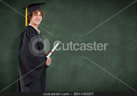 To use this stock image in your creative project, please select the size you need over to the right and click the "Add to Cart" button.
Your downloaded image will come with the Cutcaster watermark removed so don’t worry about the watermark you see on this page. Composite image of profile view of a student in graduate robe stock photo, Profile view of a student in graduate robe against green chalkboard by Wavebreak Media