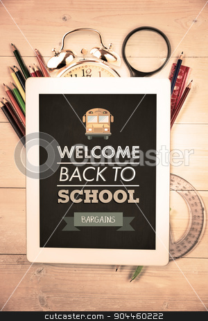 To use this stock image in your creative project, please select the size you need over to the right and click the "Add to Cart" button.
Your downloaded image will come with the Cutcaster watermark removed so don’t worry about the watermark you see on this page. Composite image of back to school stock photo, back to school against students desk with tablet pc by Wavebreak Media