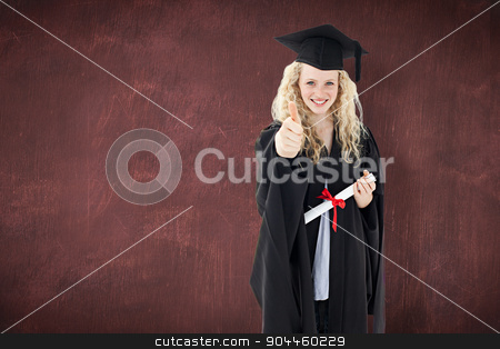 To use this stock image in your creative project, please select the size you need over to the right and click the "Add to Cart" button.
Your downloaded image will come with the Cutcaster watermark removed so don’t worry about the watermark you see on this page. Composite image of teenage girl celebrating graduation with thum stock photo, Teenage Girl Celebrating Graduation with thumbs up against desk by Wavebreak Media