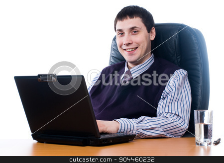 To use this stock image in your creative project, please select the size you need over to the right and click the "Add to Cart" button.
Your downloaded image will come with the Cutcaster watermark removed so don’t worry about the watermark you see on this page. Portrait of a young businessman with laptop stock photo, Portrait of businessman in front of laptop computer by Aikon