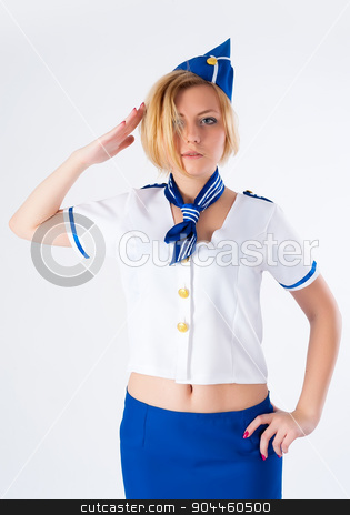 To use this stock image in your creative project, please select the size you need over to the right and click the "Add to Cart" button.
Your downloaded image will come with the Cutcaster watermark removed so don’t worry about the watermark you see on this page. Young beautiful air hostess stock photo, Attractive young stewardess with salute gesture over white background by Aikon