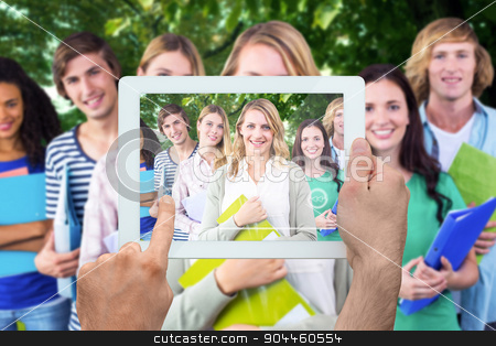 To use this stock image in your creative project, please select the size you need over to the right and click the "Add to Cart" button.
Your downloaded image will come with the Cutcaster watermark removed so don’t worry about the watermark you see on this page. Composite image of hand holding tablet pc stock photo, Hand holding tablet pc against park by Wavebreak Media