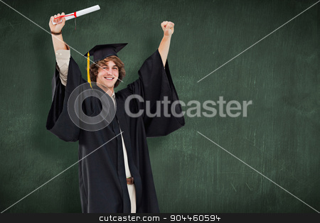 To use this stock image in your creative project, please select the size you need over to the right and click the "Add to Cart" button.
Your downloaded image will come with the Cutcaster watermark removed so don’t worry about the watermark you see on this page. Composite image of male student in graduate robe raising his arm stock photo, Male student in graduate robe raising his arms against green chalkboard by Wavebreak Media