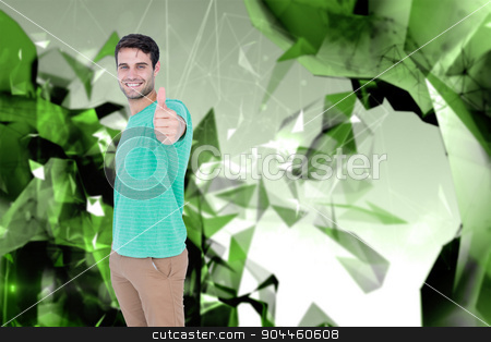 To use this stock image in your creative project, please select the size you need over to the right and click the "Add to Cart" button.
Your downloaded image will come with the Cutcaster watermark removed so don’t worry about the watermark you see on this page. Composite image of portrait of smiling handsome man gesturing th stock photo, Portrait of smiling handsome man gesturing thumbs up against angular design by Wavebreak Media