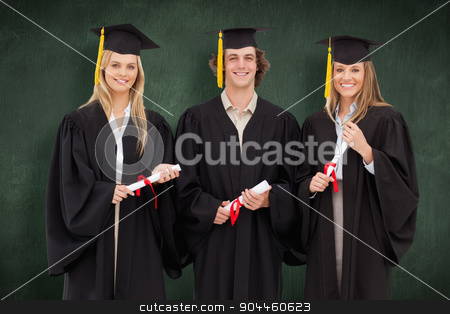 To use this stock image in your creative project, please select the size you need over to the right and click the "Add to Cart" button.
Your downloaded image will come with the Cutcaster watermark removed so don’t worry about the watermark you see on this page. Composite image of three students in graduate robe holding a dip stock photo, Three students in graduate robe holding a diploma against green chalkboard by Wavebreak Media