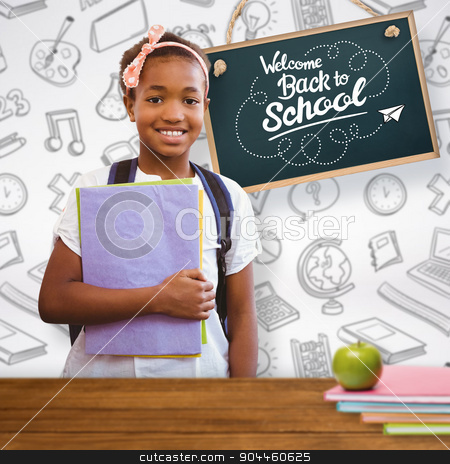 To use this stock image in your creative project, please select the size you need over to the right and click the "Add to Cart" button.
Your downloaded image will come with the Cutcaster watermark removed so don’t worry about the watermark you see on this page. Composite image of little girl holding folders in school corrido stock photo, Little girl holding folders in school corridor against overhead of wooden planks by Wavebreak Media