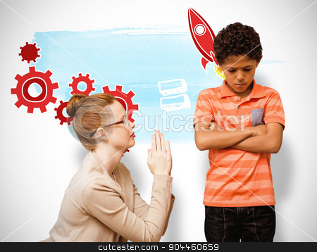 To use this stock image in your creative project, please select the size you need over to the right and click the "Add to Cart" button.
Your downloaded image will come with the Cutcaster watermark removed so don’t worry about the watermark you see on this page. Composite image of teacher begging boy stock photo, Teacher begging boy against white background with vignette by Wavebreak Media