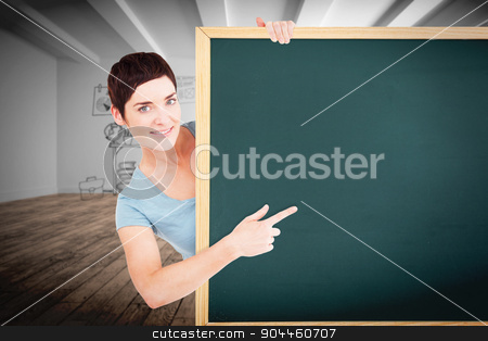 To use this stock image in your creative project, please select the size you need over to the right and click the "Add to Cart" button.
Your downloaded image will come with the Cutcaster watermark removed so don’t worry about the watermark you see on this page. Composite image of beautiful brunette pointing at a blank panel stock photo, Beautiful brunette pointing at a blank panel against doodle office in room by Wavebreak Media