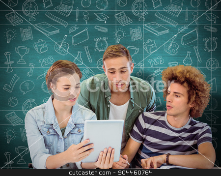 To use this stock image in your creative project, please select the size you need over to the right and click the "Add to Cart" button.
Your downloaded image will come with the Cutcaster watermark removed so don’t worry about the watermark you see on this page. Composite image of fashion students using tablet stock photo, Fashion students using tablet against green chalkboard by Wavebreak Media