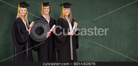 To use this stock image in your creative project, please select the size you need over to the right and click the "Add to Cart" button.
Your downloaded image will come with the Cutcaster watermark removed so don’t worry about the watermark you see on this page. Composite image of three smiling students in graduate robe holdi stock photo, Three smiling students in graduate robe holding a diploma against green chalkboard by Wavebreak Media