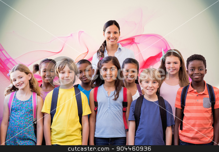 To use this stock image in your creative project, please select the size you need over to the right and click the "Add to Cart" button.
Your downloaded image will come with the Cutcaster watermark removed so don’t worry about the watermark you see on this page. Composite image of cute pupils smiling at camera in the hall stock photo, Cute pupils smiling at camera in the hall against pink abstract design by Wavebreak Media