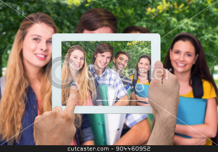 To use this stock image in your creative project, please select the size you need over to the right and click the "Add to Cart" button.
Your downloaded image will come with the Cutcaster watermark removed so don’t worry about the watermark you see on this page. Composite image of hand holding tablet pc stock photo, Hand holding tablet pc against park on sunny day by Wavebreak Media
