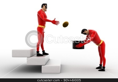 To use this stock image in your creative project, please select the size you need over to the right and click the "Add to Cart" button.
Your downloaded image will come with the Cutcaster watermark removed so don’t worry about the watermark you see on this page. 3d superhero give coin to another superhero in hat concept stock photo, 3d superhero give coin to another superhero in hat concept on white background, front angle view by 3dlabs