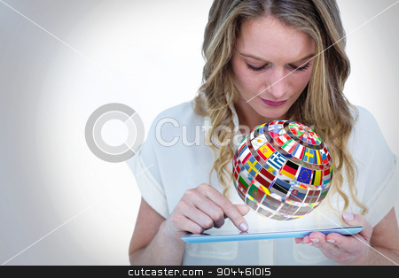 To use this stock image in your creative project, please select the size you need over to the right and click the "Add to Cart" button.
Your downloaded image will come with the Cutcaster watermark removed so don’t worry about the watermark you see on this page. Composite image of woman using tablet pc stock photo, Woman using tablet pc against sphere made of flags by Wavebreak Media