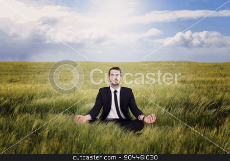 To use this stock image in your creative project, please select the size you need over to the right and click the "Add to Cart" button.
Your downloaded image will come with the Cutcaster watermark removed so don’t worry about the watermark you see on this page. Composite image of peaceful businessman sitting in lotus pose re stock photo, Peaceful businessman sitting in lotus pose relaxing against nature scene by Wavebreak Media