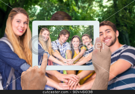 To use this stock image in your creative project, please select the size you need over to the right and click the "Add to Cart" button.
Your downloaded image will come with the Cutcaster watermark removed so don’t worry about the watermark you see on this page. Composite image of hand holding tablet pc stock photo, Hand holding tablet pc against park on sunny day by Wavebreak Media