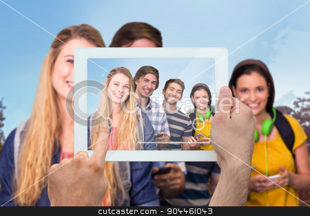 To use this stock image in your creative project, please select the size you need over to the right and click the "Add to Cart" button.
Your downloaded image will come with the Cutcaster watermark removed so don’t worry about the watermark you see on this page. Composite image of hand holding tablet pc stock photo, Hand holding tablet pc against park on sunny day by Wavebreak Media