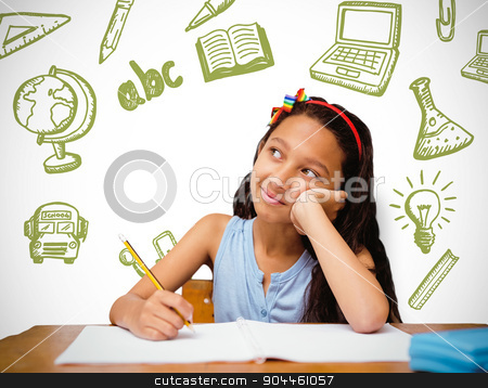 To use this stock image in your creative project, please select the size you need over to the right and click the "Add to Cart" button.
Your downloaded image will come with the Cutcaster watermark removed so don’t worry about the watermark you see on this page. Composite image of cute pupil at desk stock photo, Cute pupil at desk against white background with vignette by Wavebreak Media
