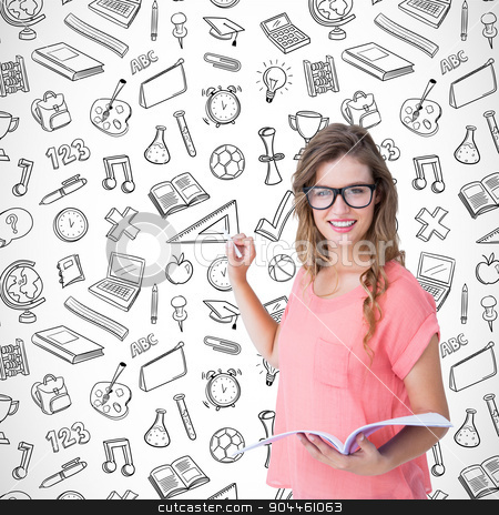 To use this stock image in your creative project, please select the size you need over to the right and click the "Add to Cart" button.
Your downloaded image will come with the Cutcaster watermark removed so don’t worry about the watermark you see on this page. Composite image of hipster woman holding notebook stock photo, Hipster woman holding notebook against school wallpaper by Wavebreak Media