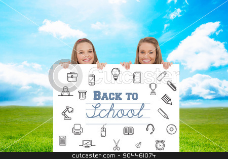 To use this stock image in your creative project, please select the size you need over to the right and click the "Add to Cart" button.
Your downloaded image will come with the Cutcaster watermark removed so don’t worry about the watermark you see on this page. Composite image of close up of young women behind a blank sign stock photo, Close up of young women behind a blank sign against blue sky over green field by Wavebreak Media